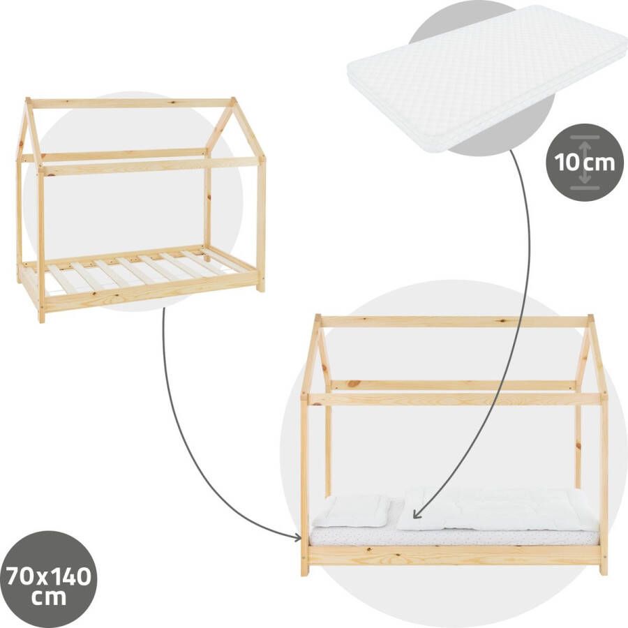 Ml-design Kinderbed huisbed 70x140 cm van grenenhout incl. matras H-10cm houten bed met dak en lattenbodem - Foto 2