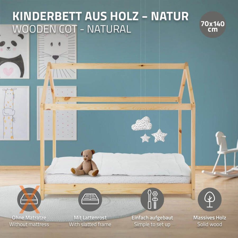 Ml-design Kinderbed huisbed 70x140 cm van grenenhout incl. matras H-10cm houten bed met dak en lattenbodem - Foto 3