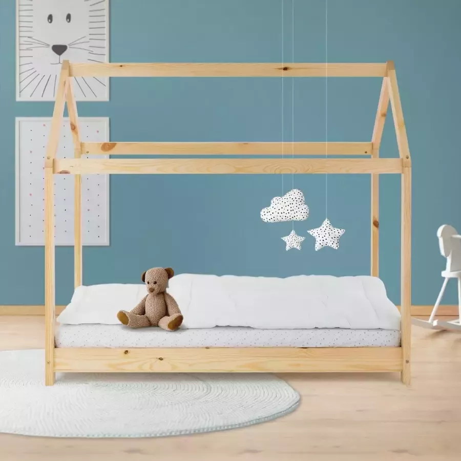 Ml-design Kinderbed huisbed 70x140 cm van grenenhout incl. matras H-10cm houten bed met dak en lattenbodem