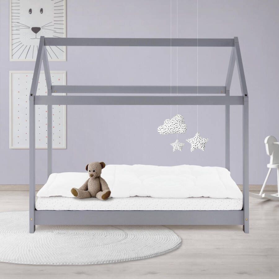 Ml-design Kinderbed Huisbed 70x140 cm lichtgrijs gemaakt van dennenhout Houten bed met dak en lattenbodem - Foto 2