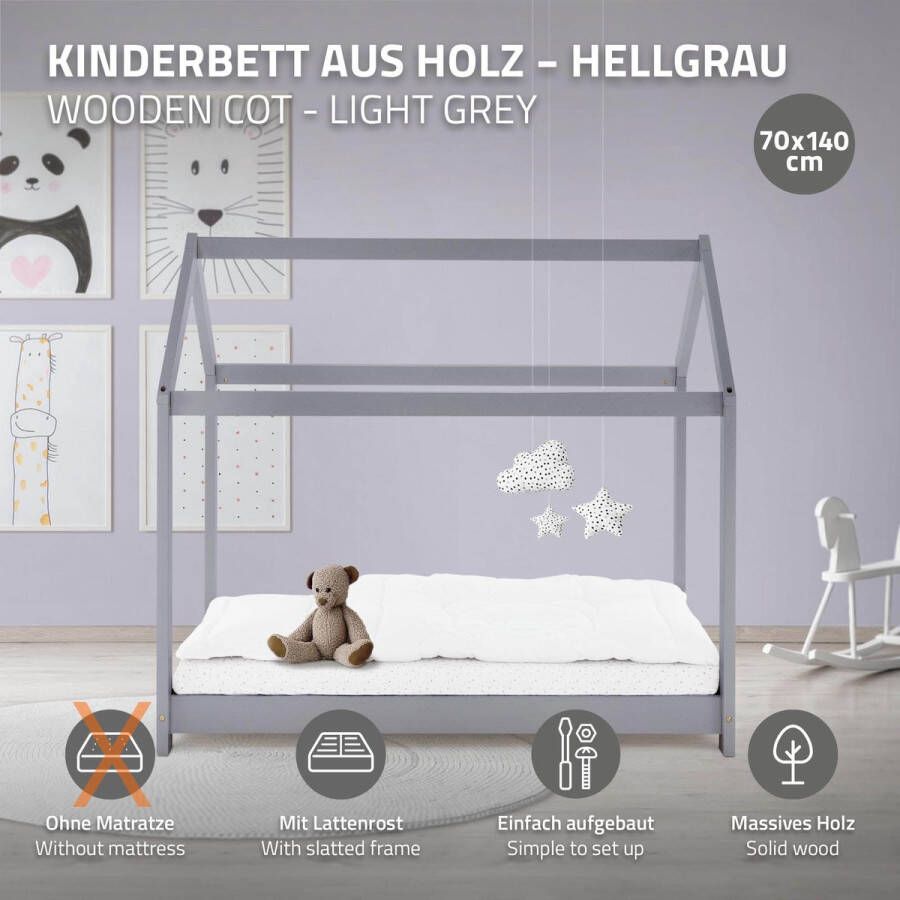 Ml-design Kinderbed huisbed 70x140 cm lichtgrijs gemaakt van grenenhout incl. matras H-10cm houten bed met dak en lattenbodem