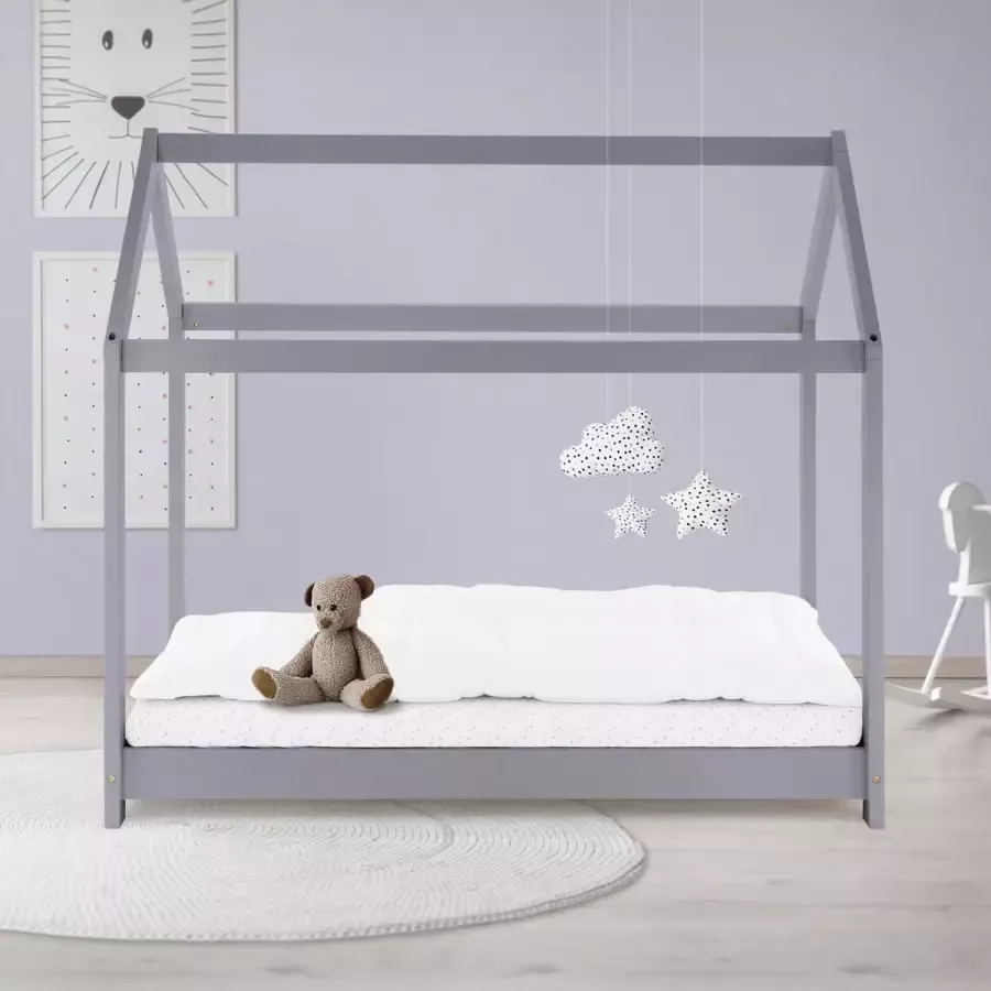 Ml-design Kinderbed huisbed 70x140 cm lichtgrijs gemaakt van grenenhout incl. matras H-10cm houten bed met dak en lattenbodem - Foto 5