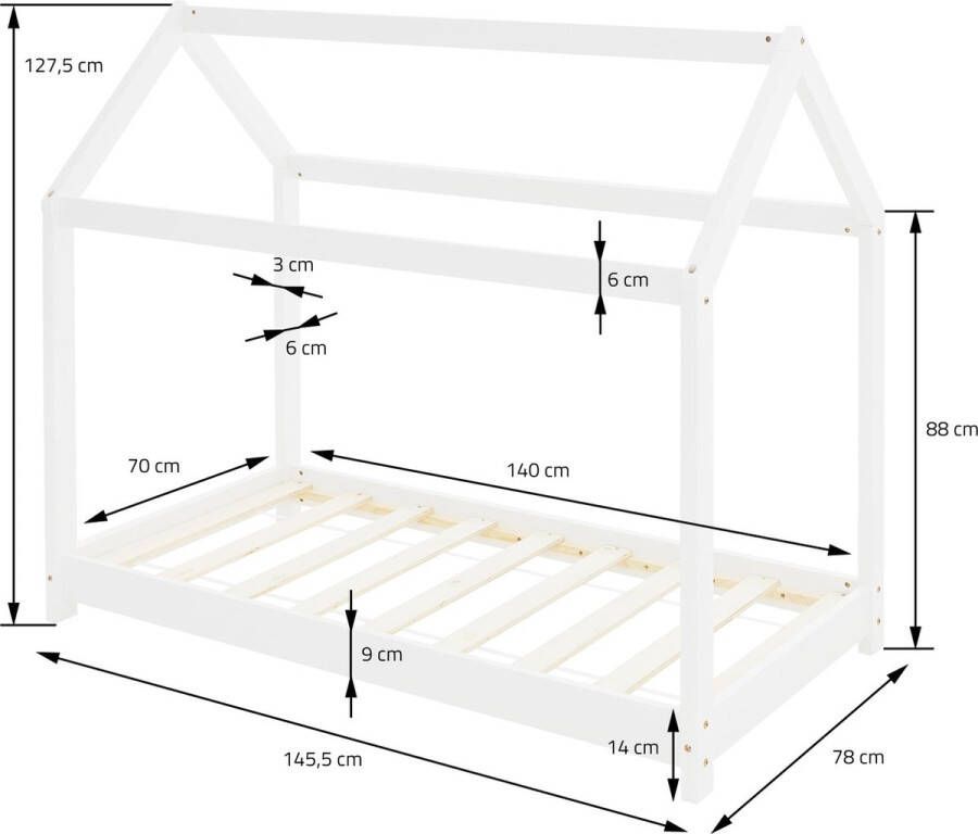 Ml-design Kinderbed huisbed 70x140 cm wit gemaakt van grenenhout incl. matras H-10cm houten bed met dak en lattenbodem - Foto 2