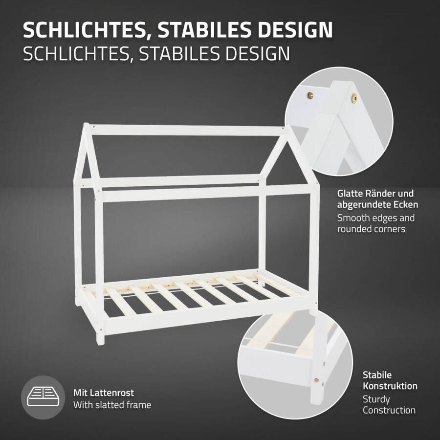 Ml-design Kinderbed huisbed 70x140 cm wit gemaakt van grenenhout incl. matras H-10cm houten bed met dak en lattenbodem