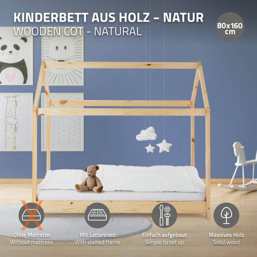 Ml-design Kinderbed huisbed 80x160 cm van grenenhout incl. matras H-10cm houten bed met dak en lattenbodem