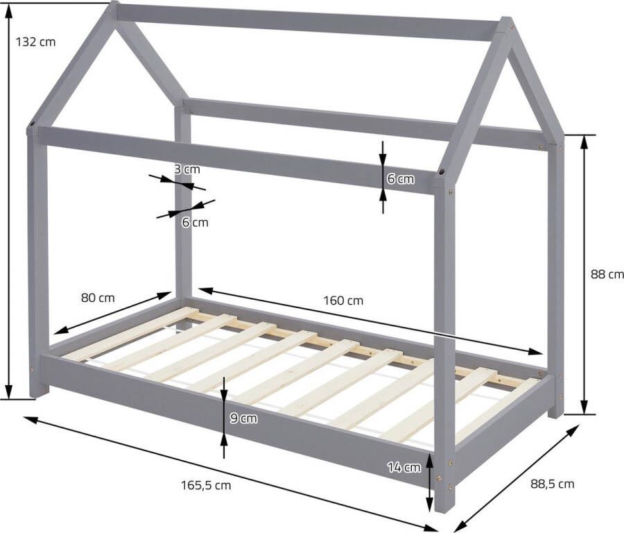 Ml-design Kinderbed huisbed 80x160 cm lichtgrijs gemaakt van grenenhout incl. matras H-10cm houten bed met dak en lattenbodem - Foto 4