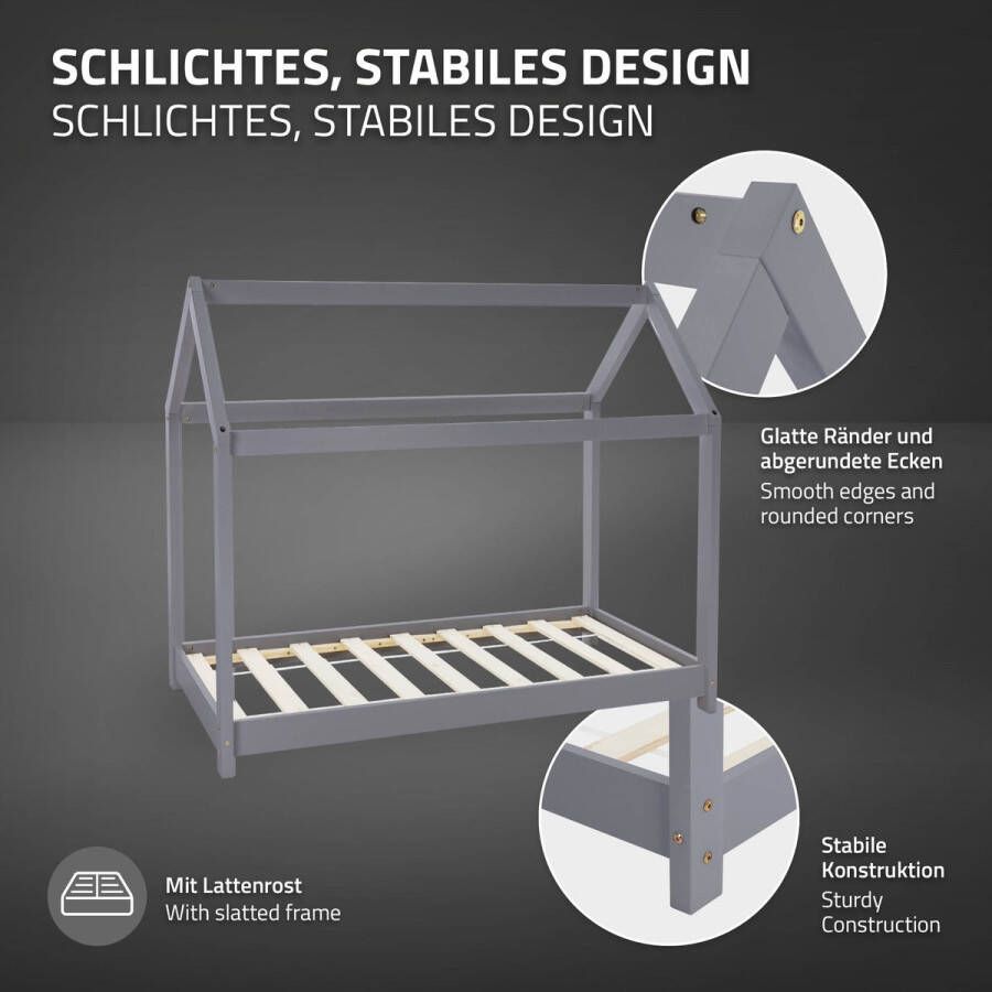 Ml-design Kinderbed huisbed 80x160 cm lichtgrijs gemaakt van grenenhout incl. matras H-10cm houten bed met dak en lattenbodem