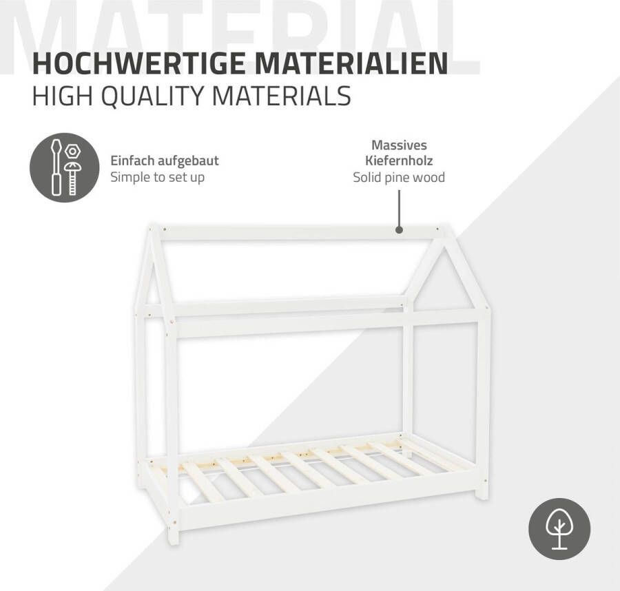 Ml-design Kinderbed huisbed 80x160 cm wit gemaakt van grenenhout incl. matras H-10cm houten bed met dak en lattenbodem - Foto 2
