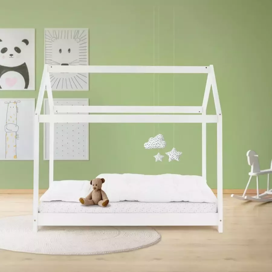 Ml-design Kinderbed huisbed 80x160 cm wit gemaakt van grenenhout incl. matras H-10cm houten bed met dak en lattenbodem - Foto 4