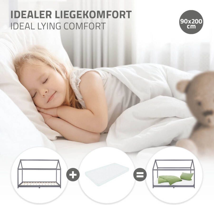 Ml-design Kinderbed huisbed 90x200 cm lichtgrijs gemaakt van grenenhout incl. matras H-10cm houten bed met dak en lattenbodem - Foto 3