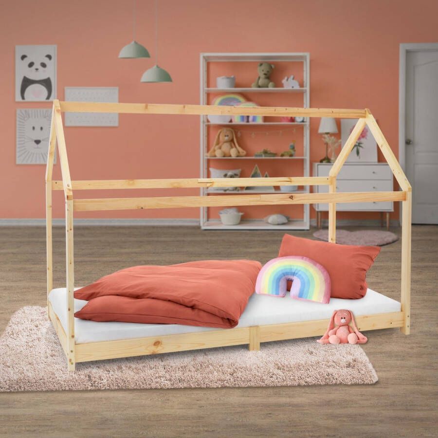 Ml-design Kinderbed huisbed 90x200 cm van grenenhout incl. matras H-10cm houten bed met dak en lattenbodem - Foto 5