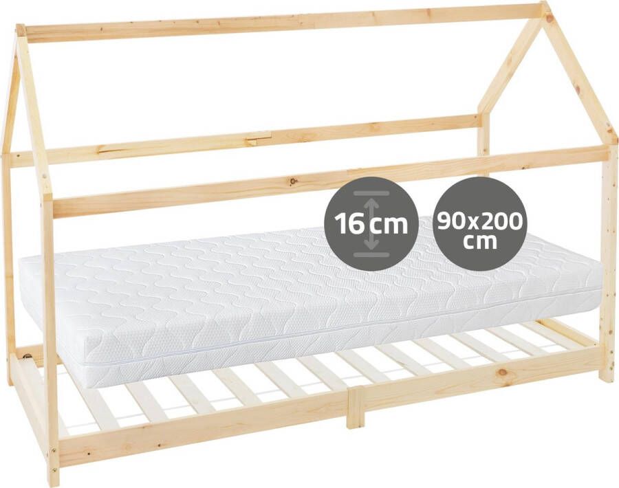 Ml-design Kinderbed huisbed 90x200 cm van grenenhout incl. matras H-16cm houten bed met dak en lattenbodem - Foto 4