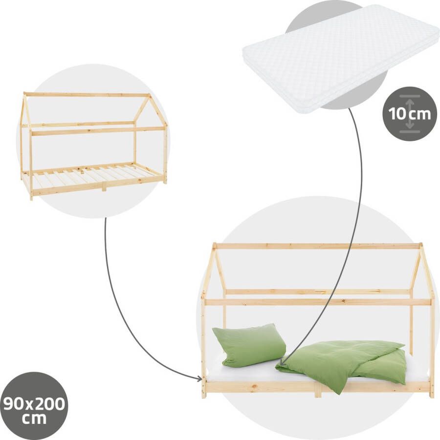 Ml-design Kinderbed huisbed 90x200 cm van grenenhout incl. matras H-10cm houten bed met dak en lattenbodem