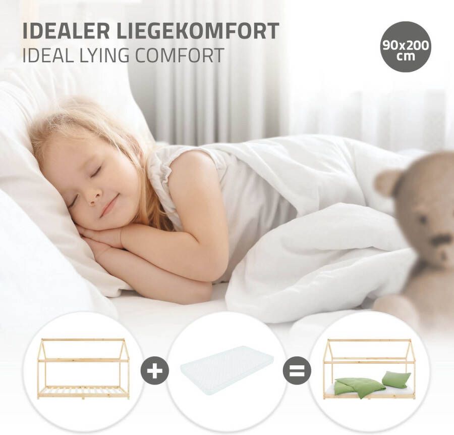 Ml-design Kinderbed huisbed 90x200 cm van grenenhout incl. matras H-10cm houten bed met dak en lattenbodem - Foto 3