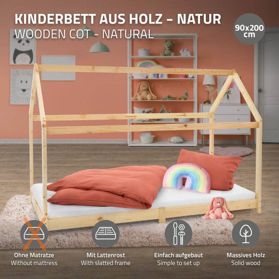 Ml-design Kinderbed huisbed 90x200 cm van grenenhout incl. matras H-16cm houten bed met dak en lattenbodem