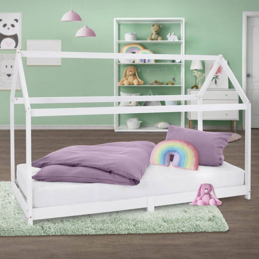 Ml-design Kinderbed huisbed 90x200 cm wit gemaakt van grenenhout incl. matras H-16cm houten bed met dak en lattenbodem
