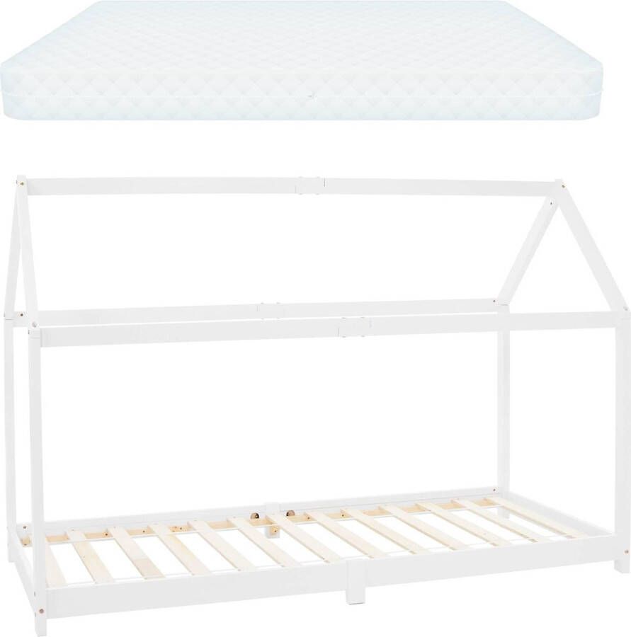 Ml-design Kinderbed huisbed 90x200 cm wit gemaakt van grenenhout incl. matras H-16cm houten bed met dak en lattenbodem - Foto 4