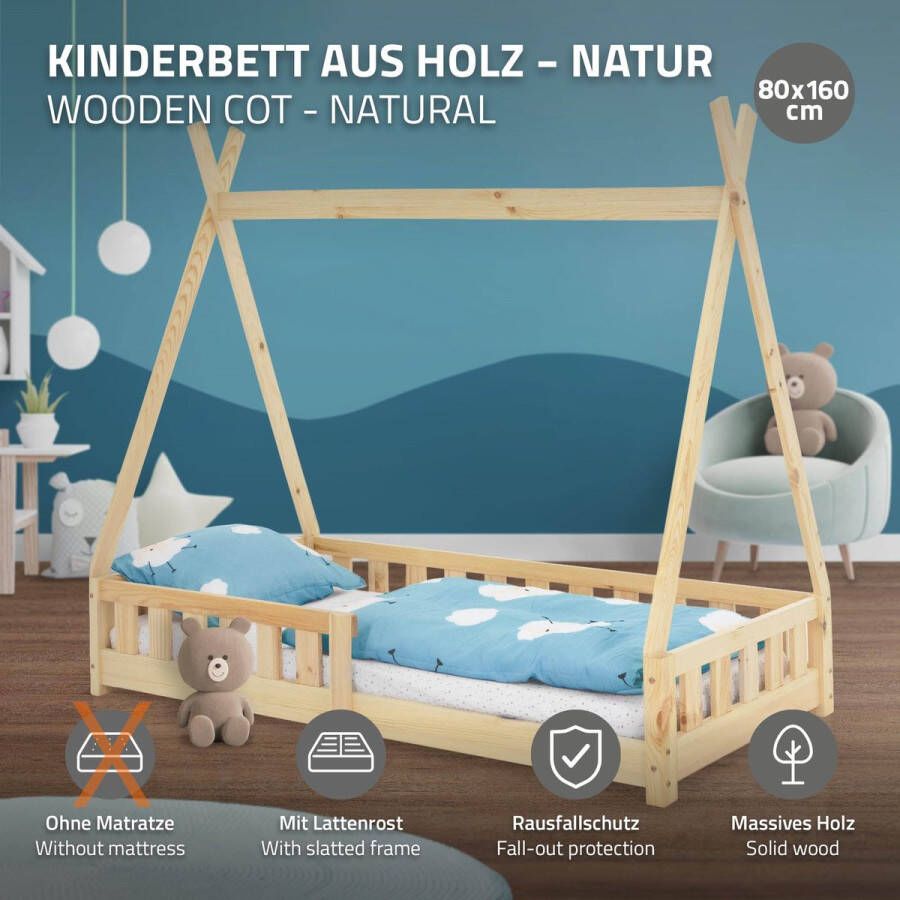 Ml-design Kinderbed met uitvalbeveiliging en lattenbodem 80x160 cm Dennenhout naturel