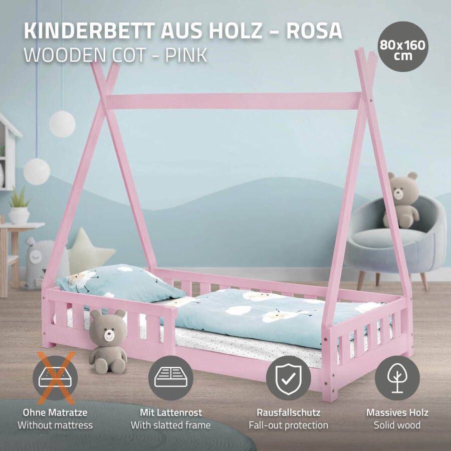 Ml-design Kinderbed met uitvalbeveiliging en lattenbodem 80x160 cm Roze grenenhout