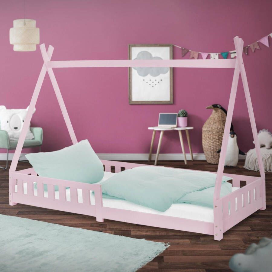 Ml-design Kinderbed met uitvalbeveiliging en lattenbodem 90x200 cm Roze grenen hout