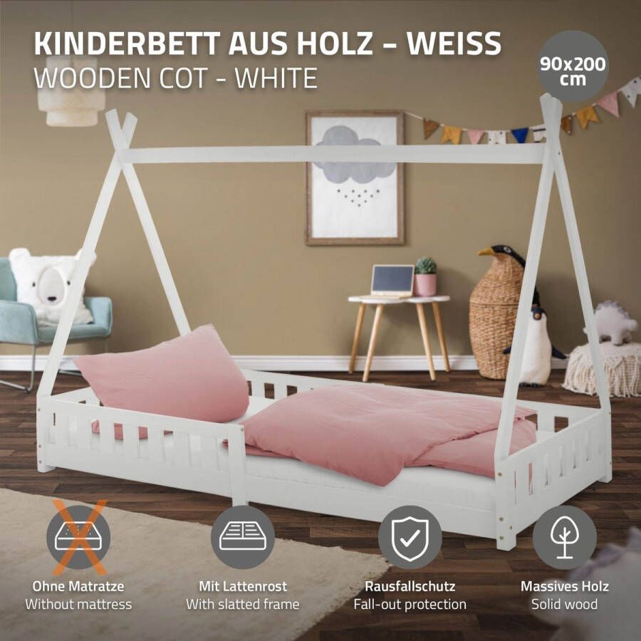 Ml-design Kinderbed met uitvalbeveiliging en lattenbodem 90x200 cm wit grenen hout