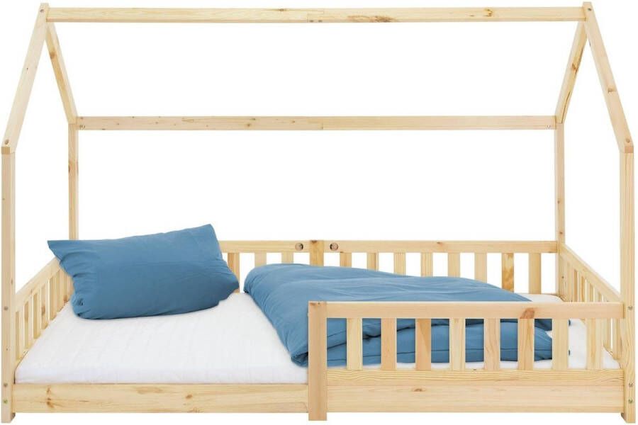 Ml-design Kinderbed Huisbed 90x200 cm gemaakt van dennenhout met uitvalbeschermend dak en lattenbodem Houten bed - Foto 3