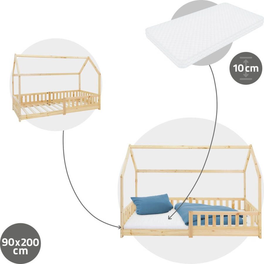 Ml-design Kinderbed Huisbed 90x200 cm gemaakt van dennenhout met uitvalbeschermend dak en lattenbodem Houten bed