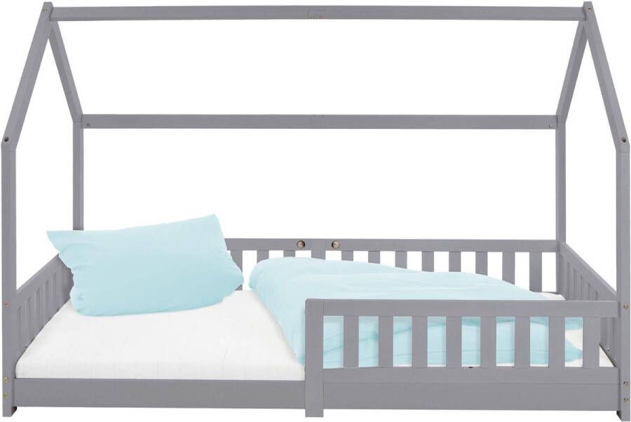 Ml-design Kinderbed huisbed 90x200 cm lichtgrijs gemaakt van dennenhout incl. matras H-10cm uitvalbeschermend dak en lattenbodem - Foto 4