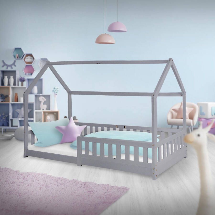 Ml-design Kinderbed met uitvalbeveiliging lattenbodem en dak 200x90 cm Lichtgrijs grenenhout