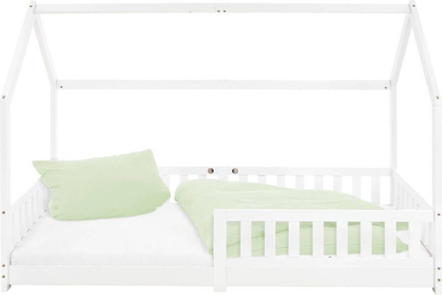 ml-design Kinderbed met uitvalbeveiliging lattenbodem en dak 200x90 cm wit grenen hout