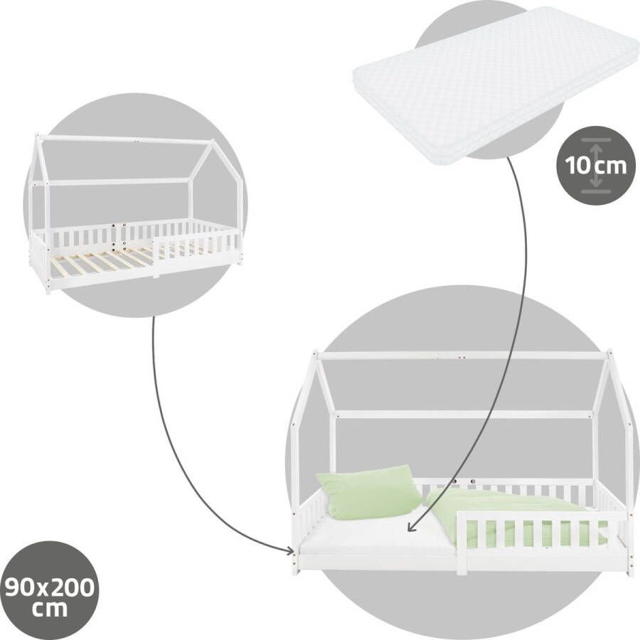 ml-design Kinderbed met uitvalbeveiliging lattenbodem en dak 200x90 cm wit grenen hout