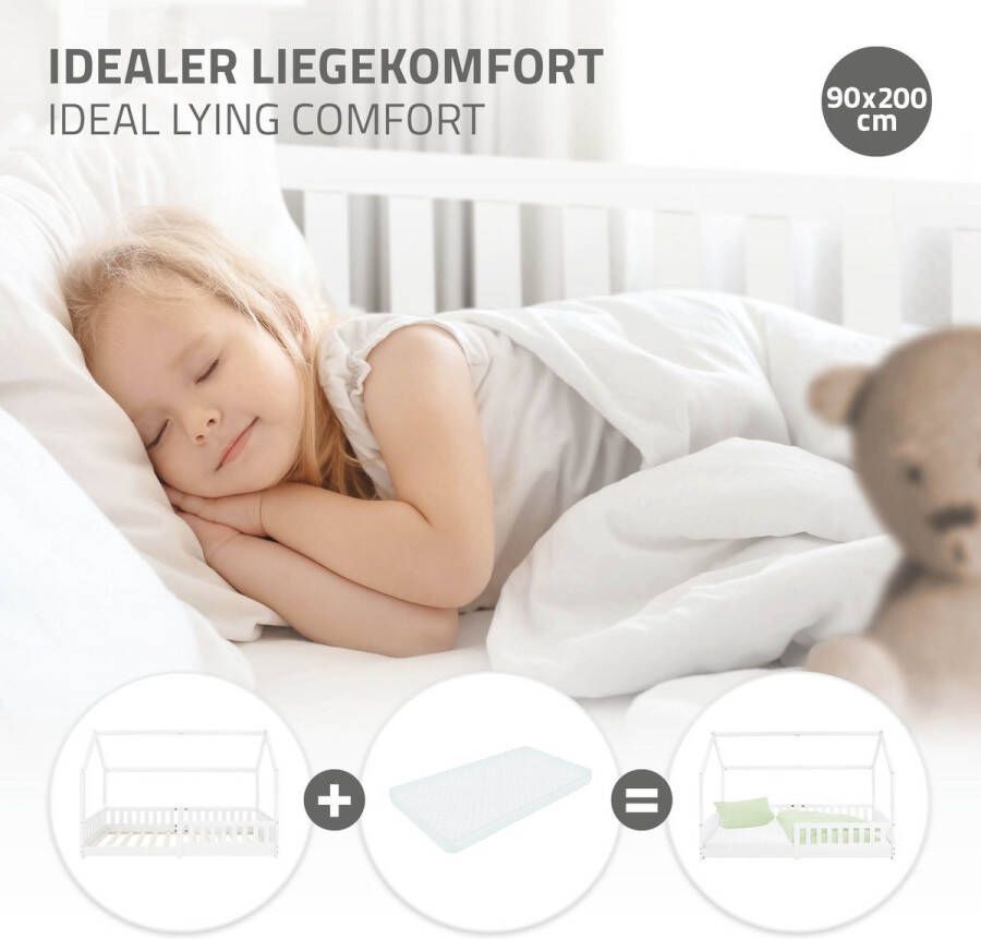 Ml-design Kinderbed met uitvalbeveiliging lattenbodem en dak 200x90 cm wit grenen hout