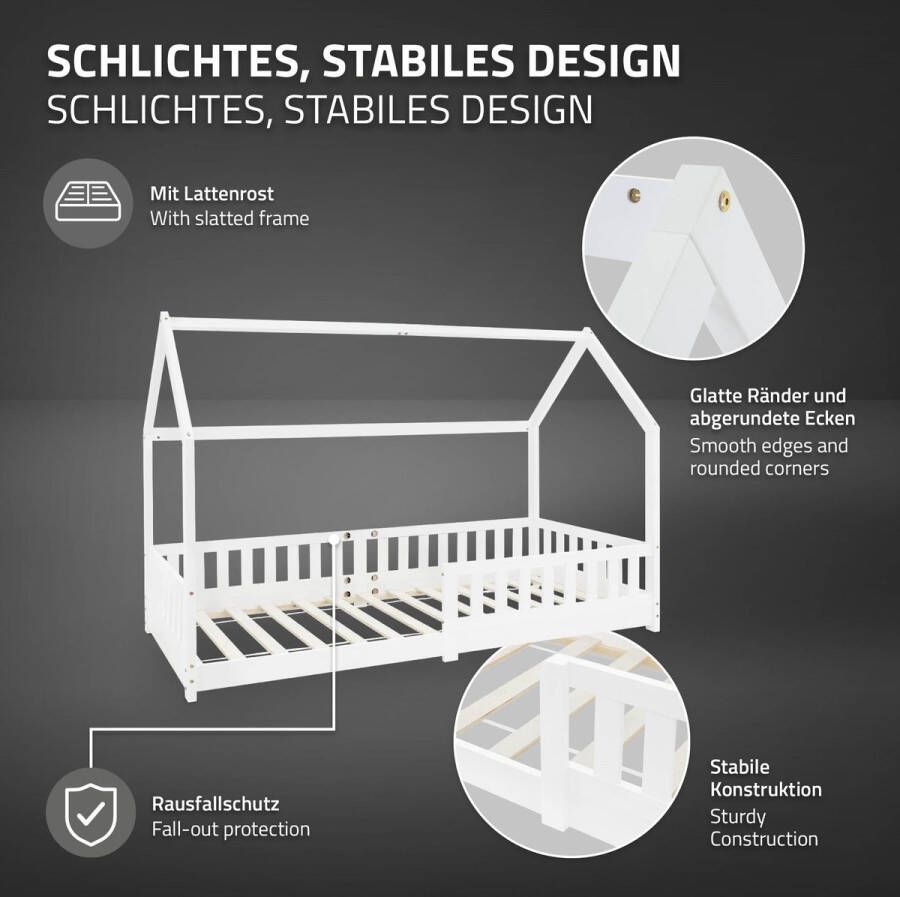 Ml-design Kinderbed met uitvalbeveiliging lattenbodem en dak 200x90 cm wit grenen hout
