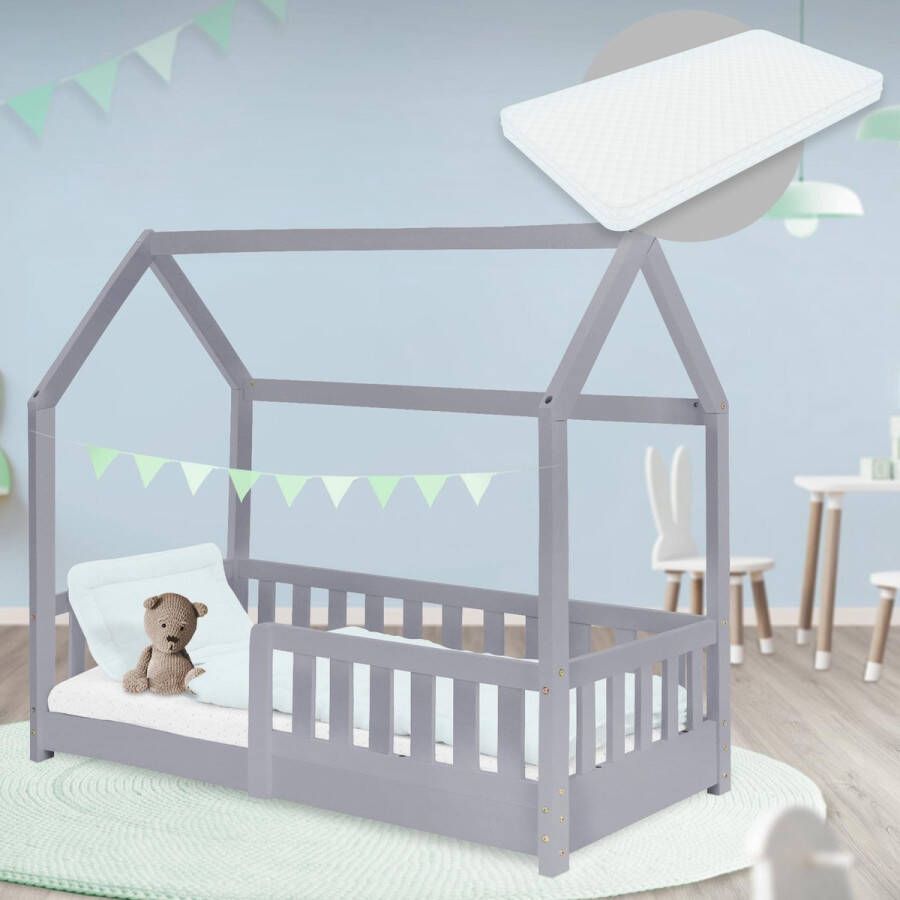 Ml-design Kinderbed huisbed 70x140 cm lichtgrijs gemaakt van dennenhout met uitvalbeschermend dak en lattenbodem houten bed - Foto 4