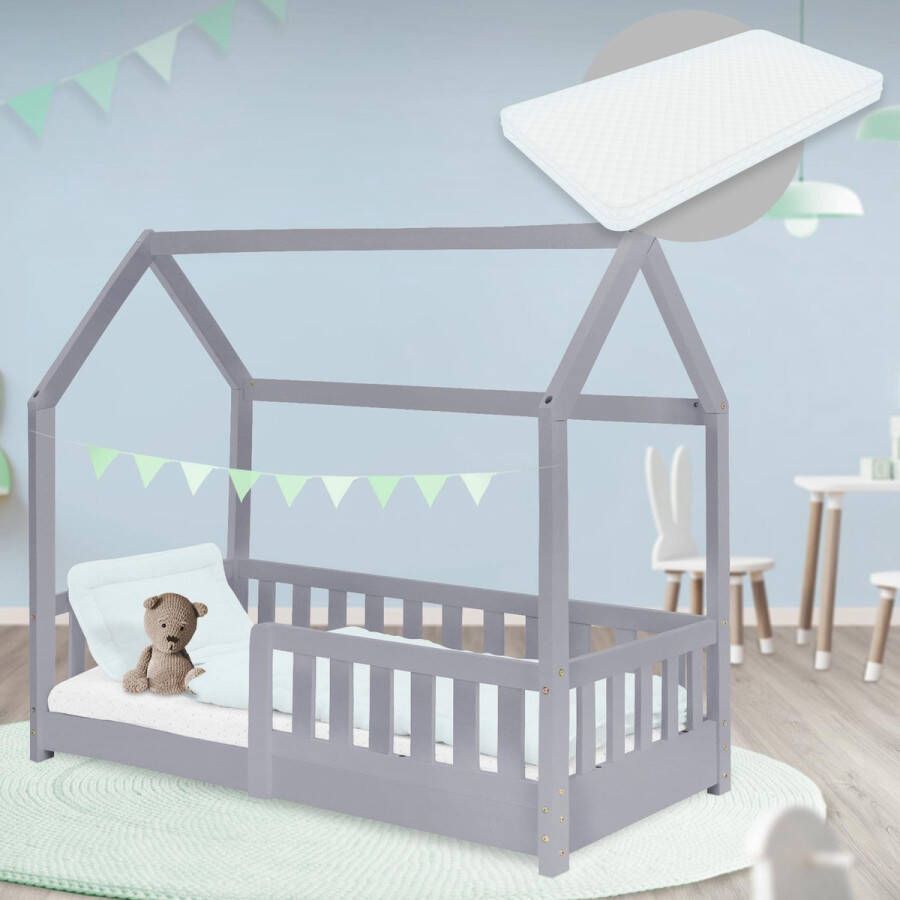 ml-design Kinderbed met uitvalbeveiliging lattenbodem en dak 70x140 cm Lichtgrijs grenenhout