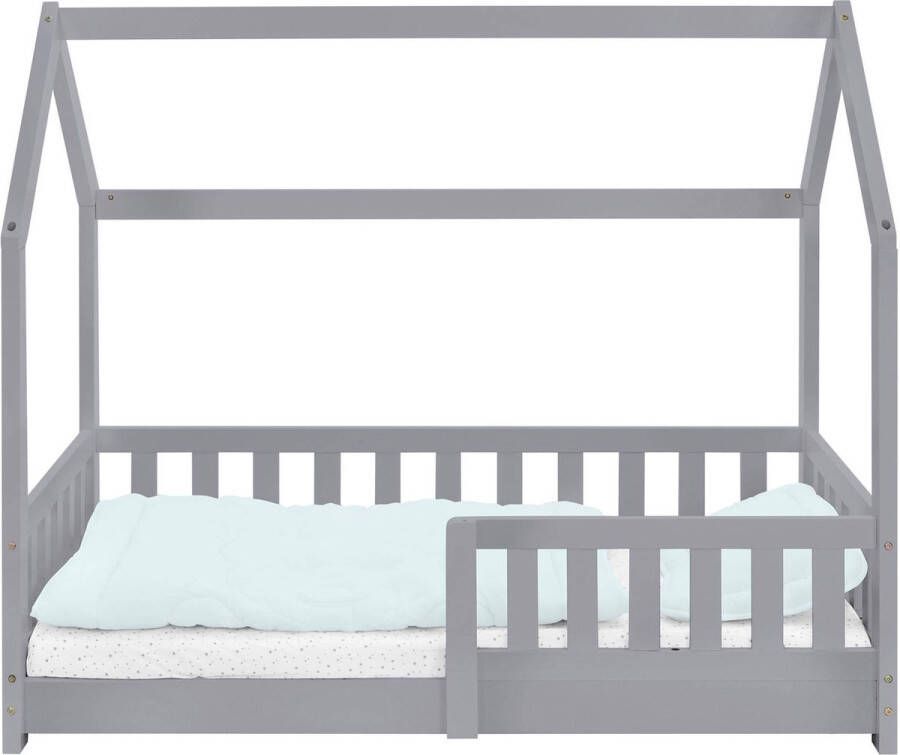 Ml-design Kinderbed met uitvalbeveiliging lattenbodem en dak 70x140 cm Lichtgrijs grenenhout