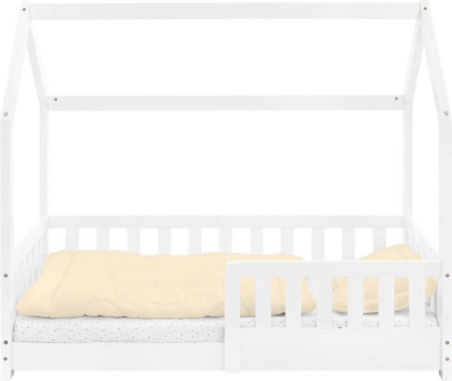 Ml-design Kinderbed met uitvalbeveiliging lattenbodem en dak 70x140 cm Wit grenen hout