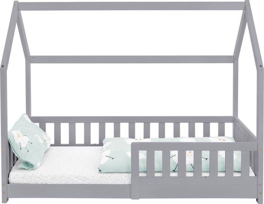 Ml-design Kinderbed huisbed 80x160 cm lichtgrijs gemaakt van dennenhout incl. matras H-10cm uitvalbeschermend dak en lattenbodem - Foto 4