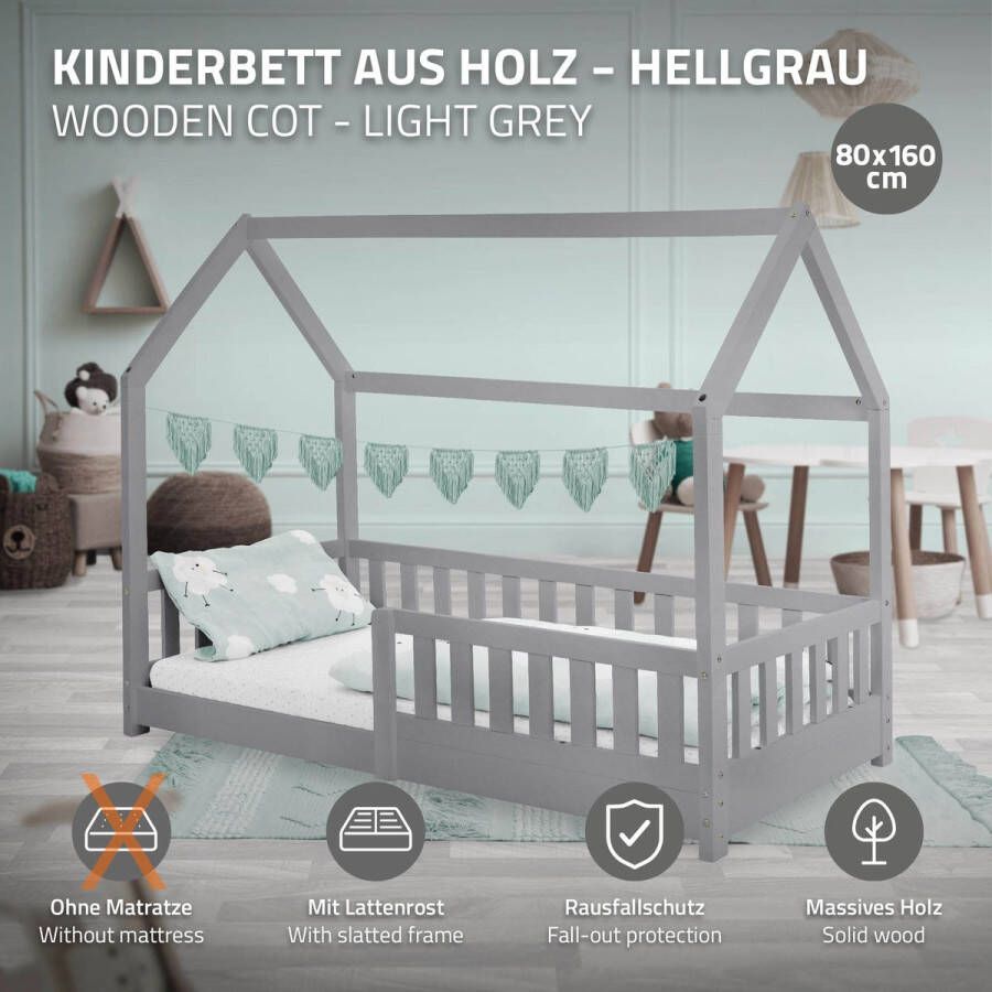 Ml-design Kinderbed met uitvalbeveiliging lattenbodem en dak 80x160 cm Lichtgrijs grenenhout