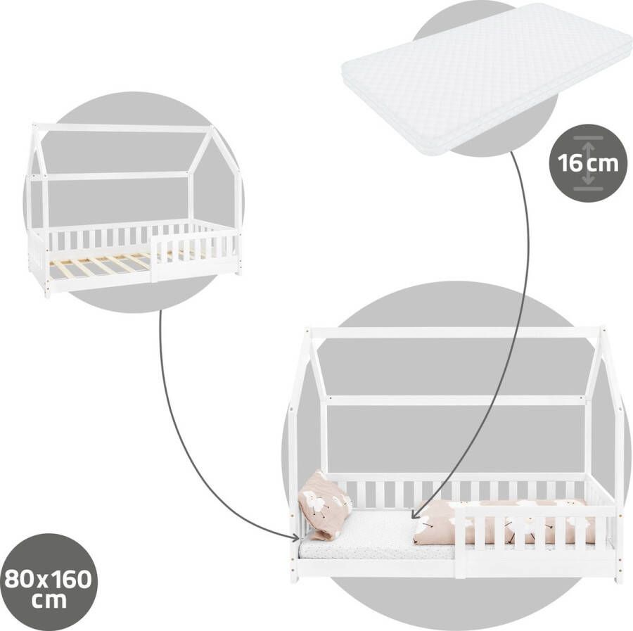 Ml-design Kinderbed huisbed 80x160 cm wit gemaakt van dennenhout incl. matras H-10cm uitvalbeschermend dak en lattenbodem