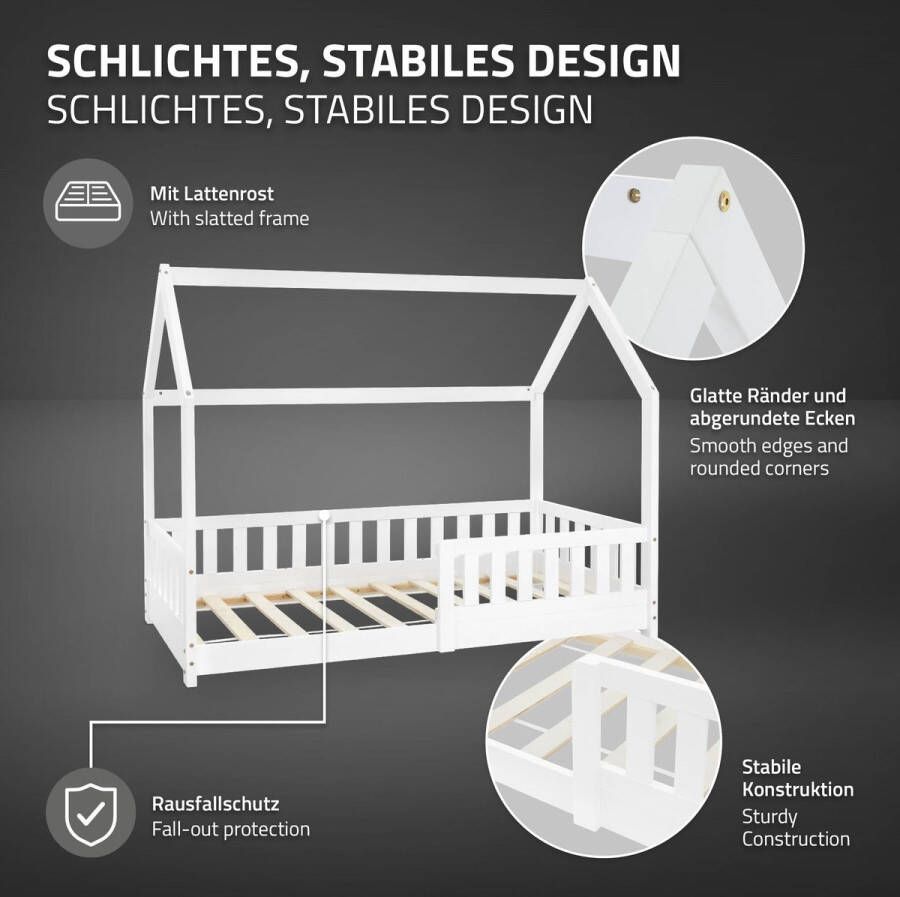 Ml-design Kinderbed huisbed 80x160 cm wit gemaakt van dennenhout incl. matras H-10cm uitvalbeschermend dak en lattenbodem - Foto 2