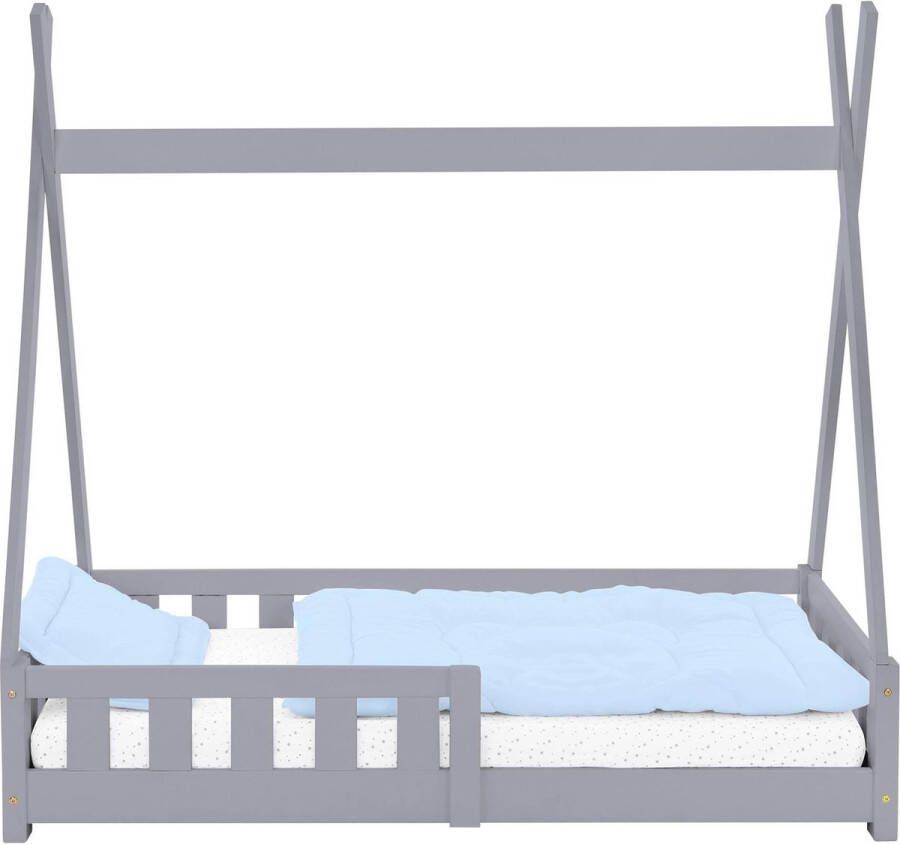 Ml-design kinderbed tipi 70x140 cm lichtgrijs met uitvalbeveiliging en lattenbodem grenen hout indianenbed van massief hout voor meisjes en jongens huisbed met hek kinderhuisje jeugdbed speelbed - Foto 2