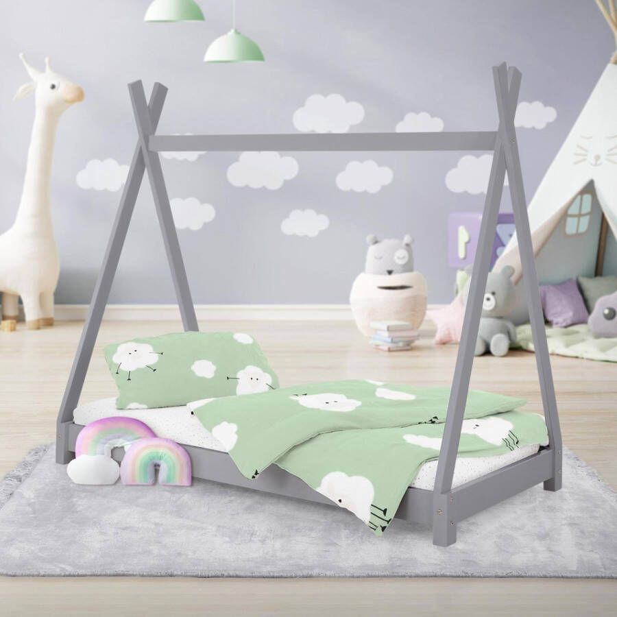 Ml-design Kinderbed Tipi 70x140 cm lichtgrijs gemaakt van grenenhout incl. matras H-10cm houten bed met lattenbodem - Foto 1