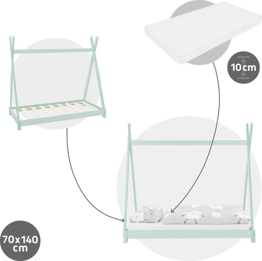 Ml-design Kinderbed Tipi 70x140 cm mint van grenenhout incl. matras H-10cm houten bed met lattenbodem - Foto 2