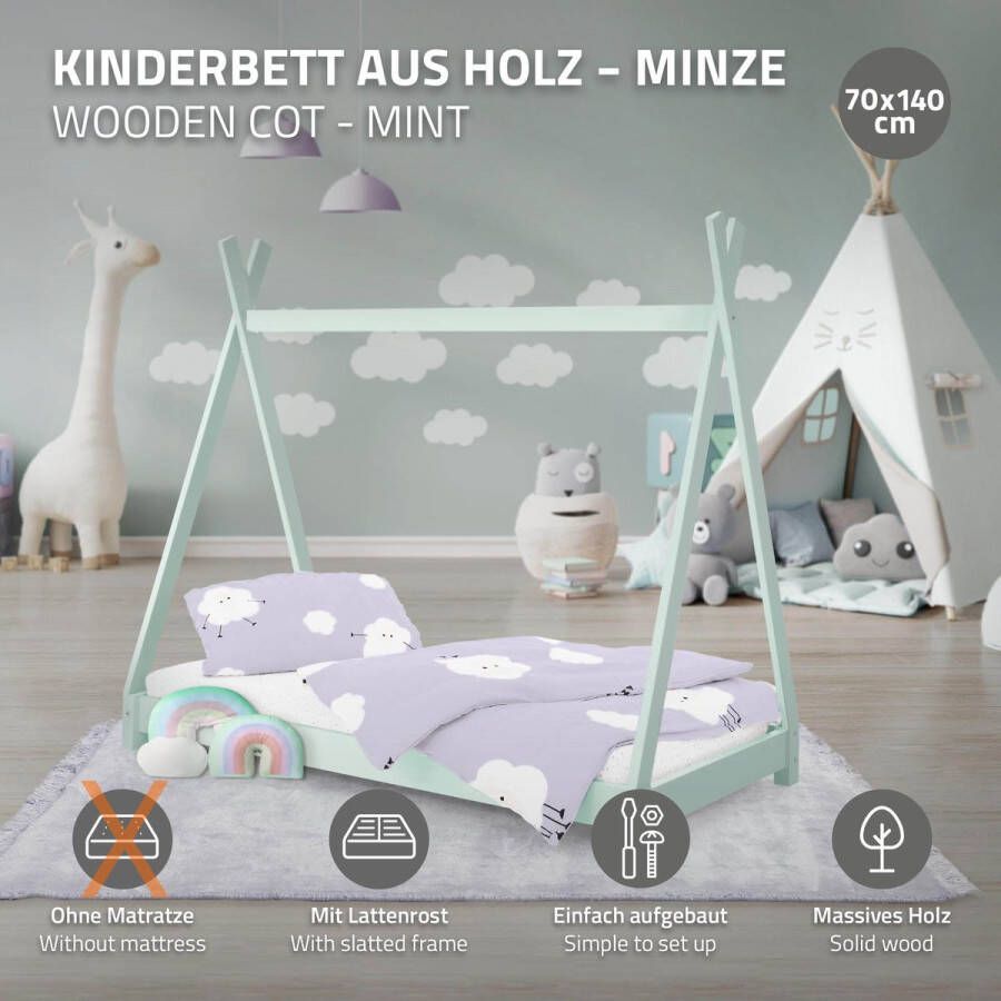 Ml-design Kinderbed Tipi 70x140 cm mint van grenenhout incl. matras H-10cm houten bed met lattenbodem