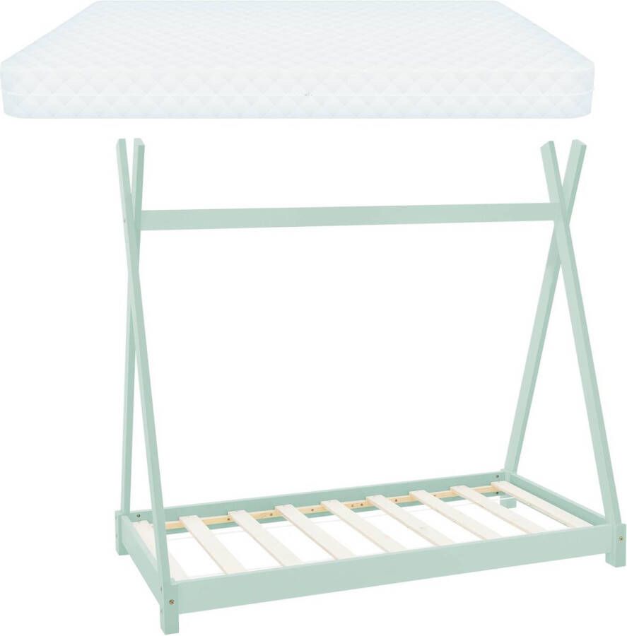 Ml-design Kinderbed Tipi 70x140 cm mint van grenenhout incl. matras H-10cm houten bed met lattenbodem - Foto 3