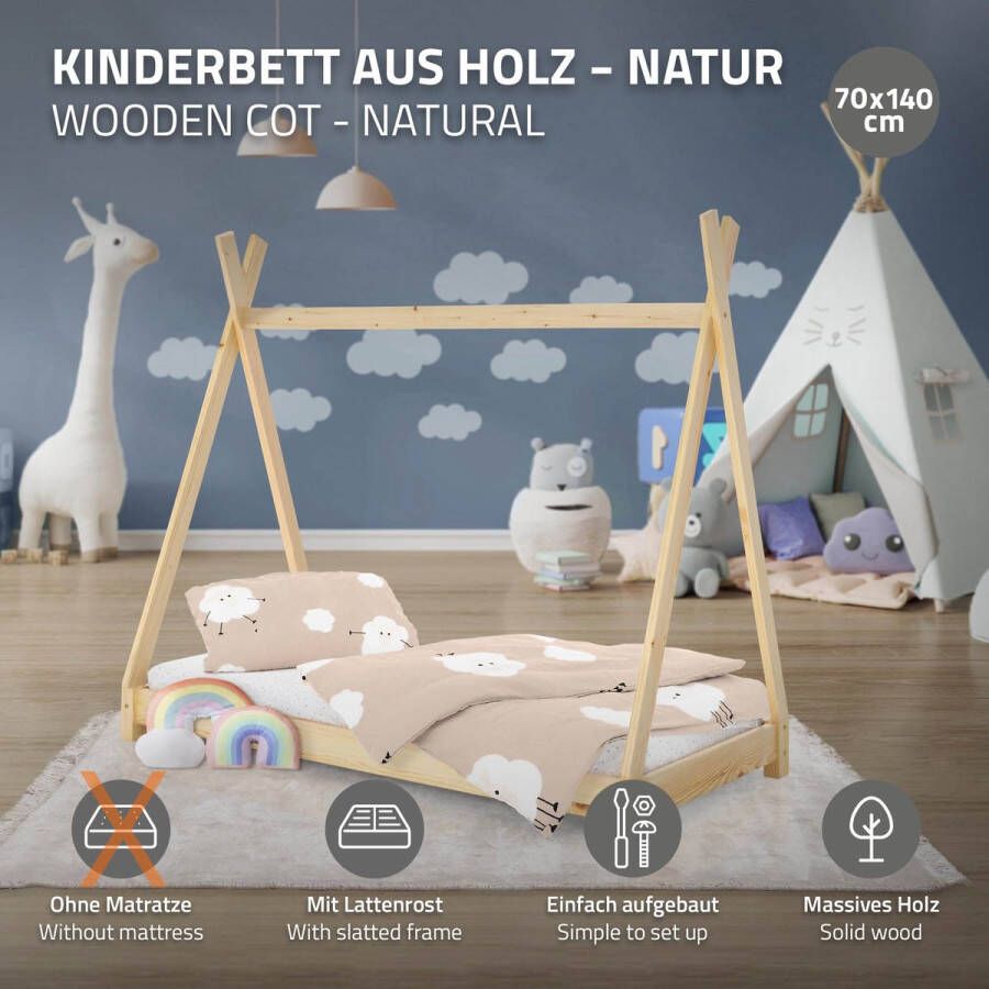 Ml-design Kinderbed Tipi 70x140 cm van grenenhout incl. matras H-10cm houten bed met lattenbodem