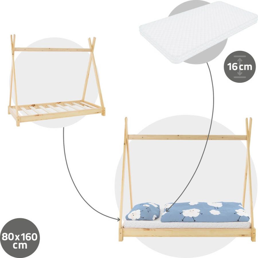 Ml-design Kinderbed Tipi 80x160 cm van grenenhout incl. matras H-10cm houten bed met lattenbodem - Foto 2