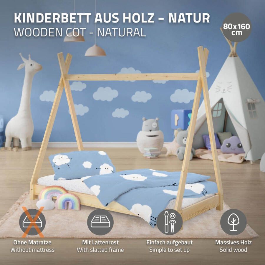 Ml-design Kinderbed Tipi 80x160 cm van grenenhout incl. matras H-10cm houten bed met lattenbodem