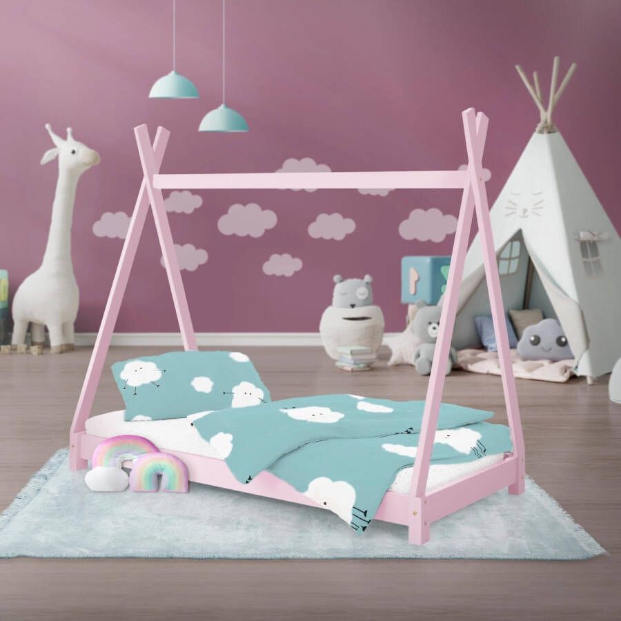 Ml-design Kinderbed Tipi 80x160 cm roze van grenenhout incl. matras H-10cm houten bed met lattenbodem - Foto 4